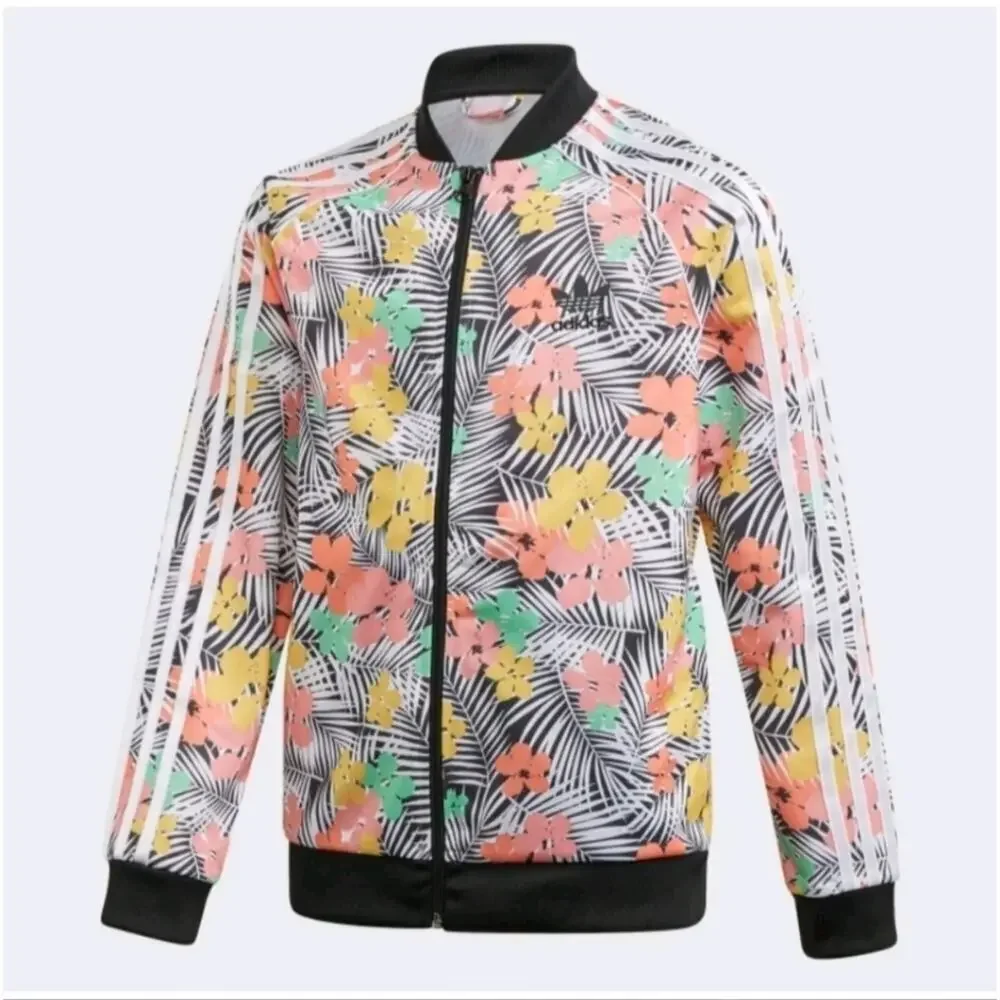 Adidas Kids Girls Multicolor Black and White Floral Bomber Jacket Size Xlarge